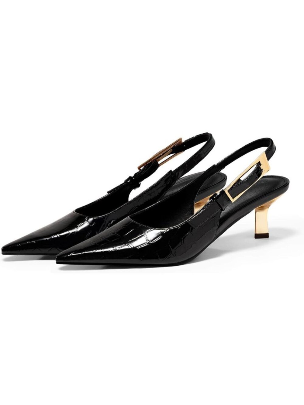 Women's Black Croc Slingback Kitten Heels Closed Pointed Toe Buckle Strap Pumps - Picture 3 of 5